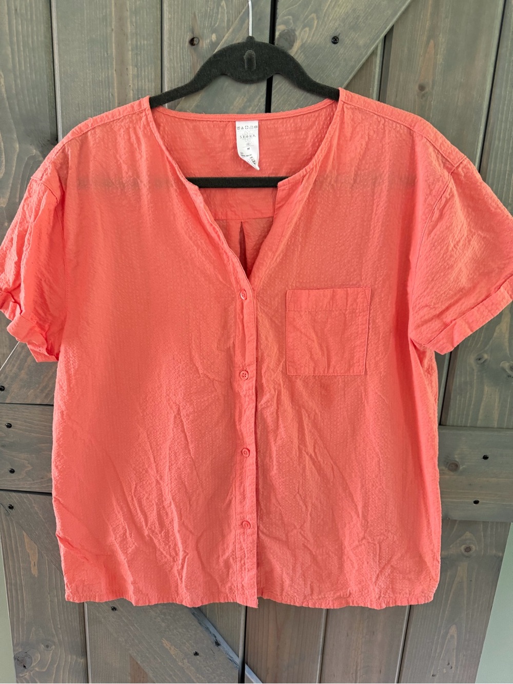 SERRA Women’s Medium Coral Cotton Gauze Button Front Shirt Blouse Short Sleeve